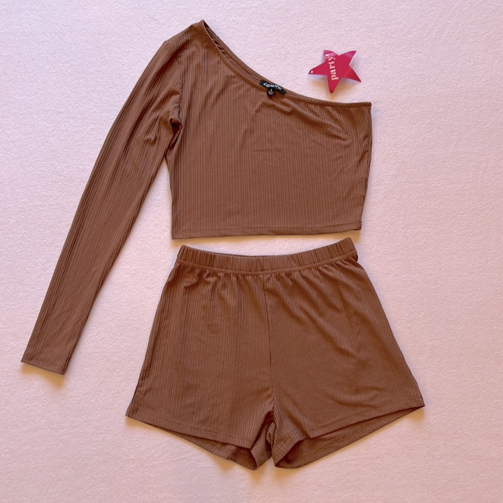 Lemite Mocha Brown One Shoulder Crop Top Booty Shot Set Small NEW